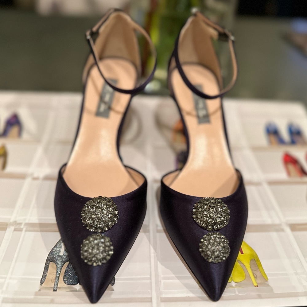 SJP by Sarah Jessica Parker Civil Cartier Satin Heels in Navy - Brand New!